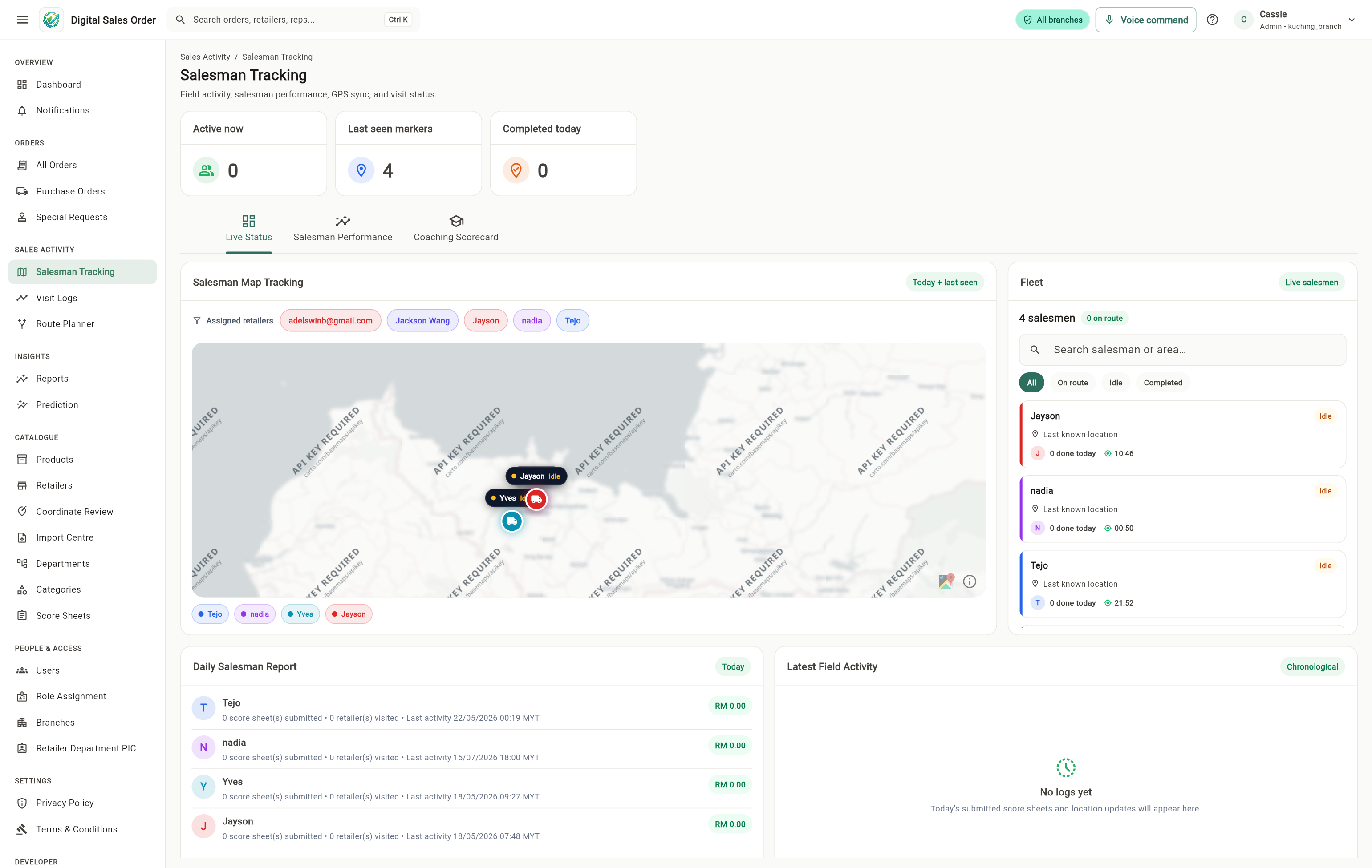 Salesperson tracking view showing field activity and retailer coverage