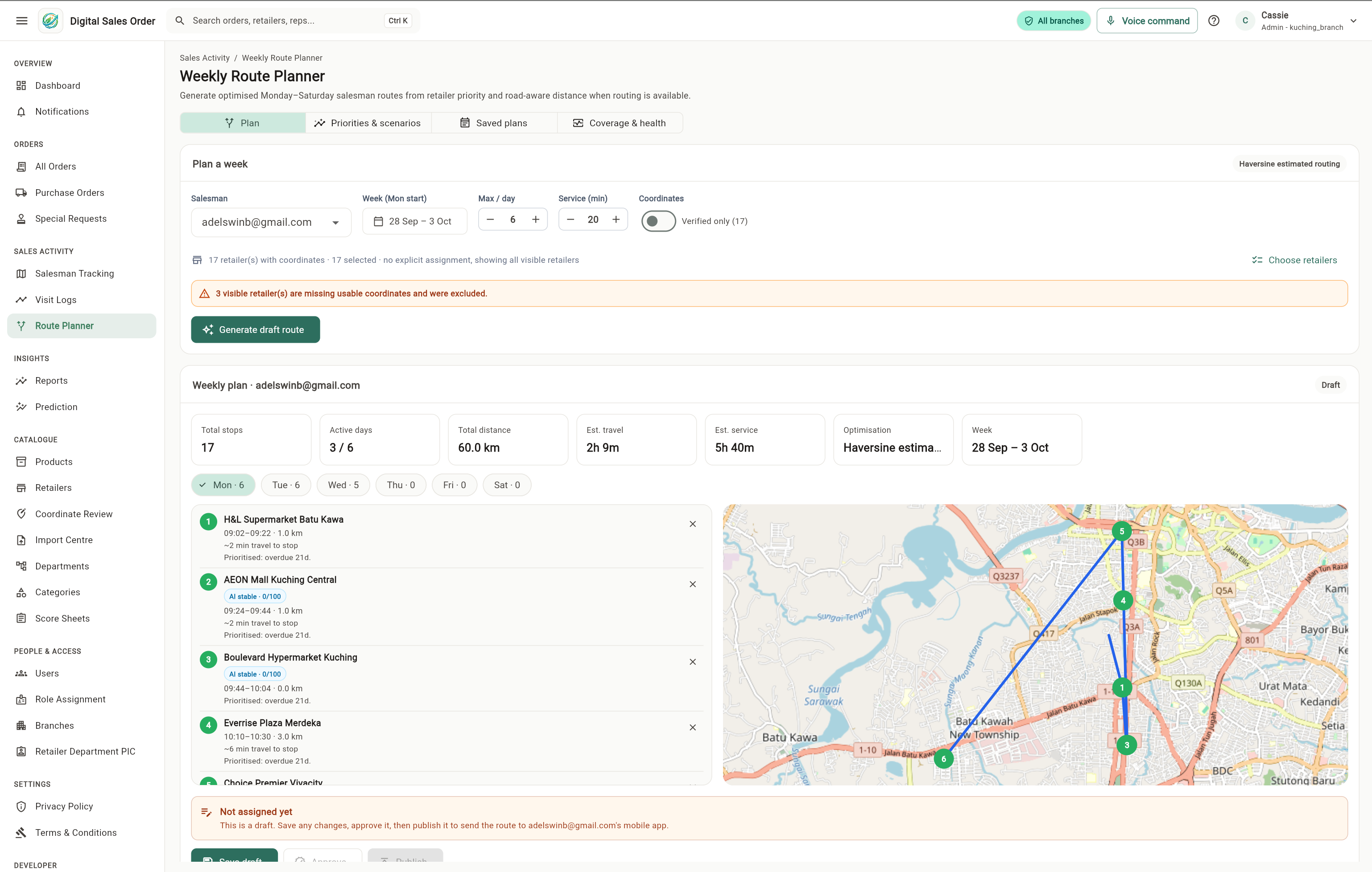 Weekly Route Planner showing stops, workload and the Kuching map